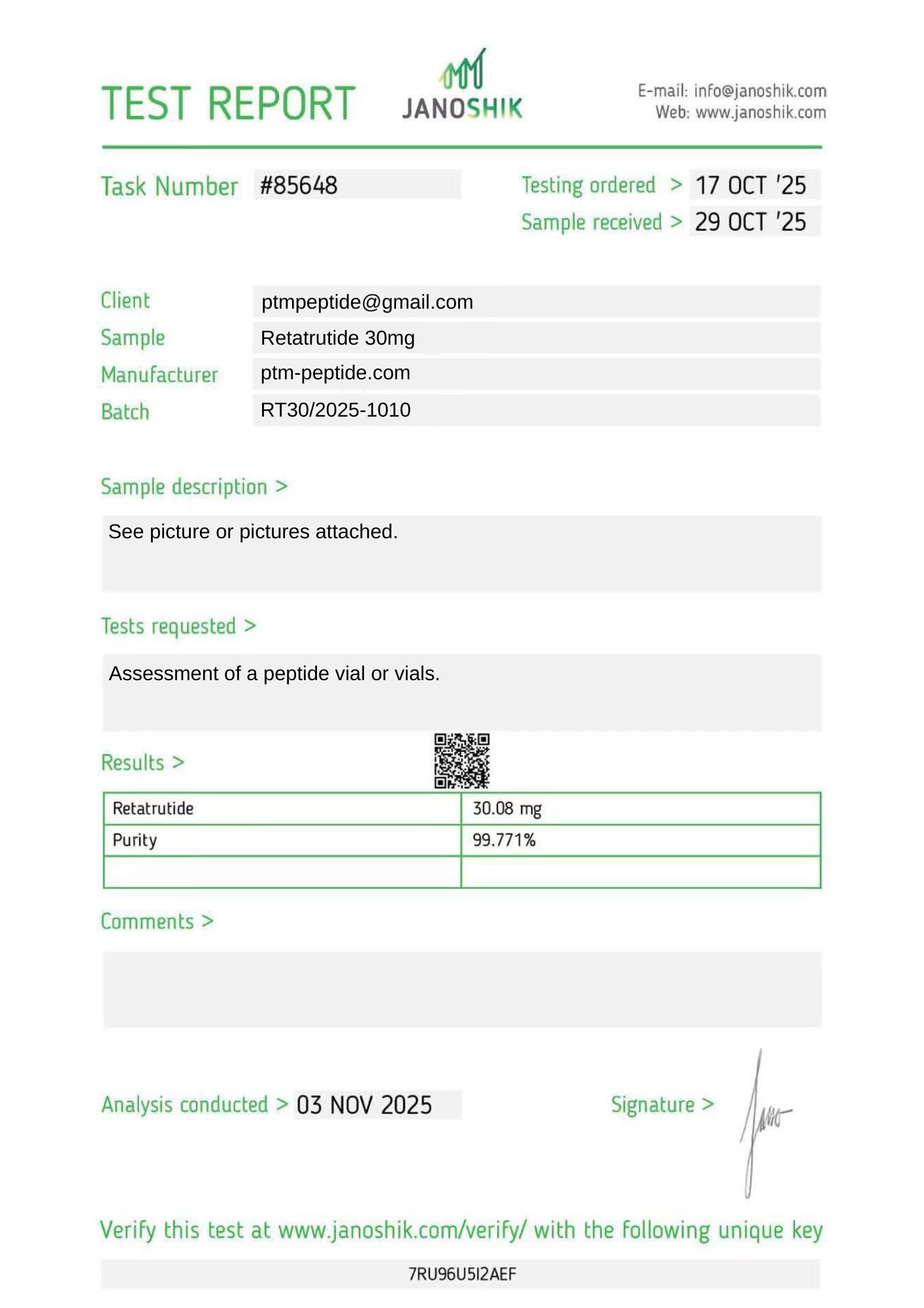 Certificat d'analyse HPLC d'un lot PTM Peptide vérifié par Janoshik Analytical
